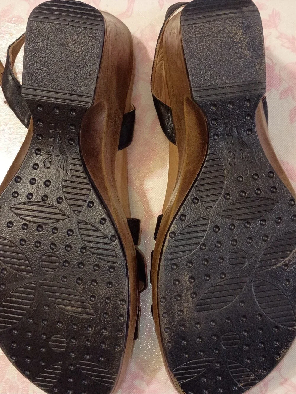 Dansko Black Leather Wedge Sandals with Wood-Tone Platform